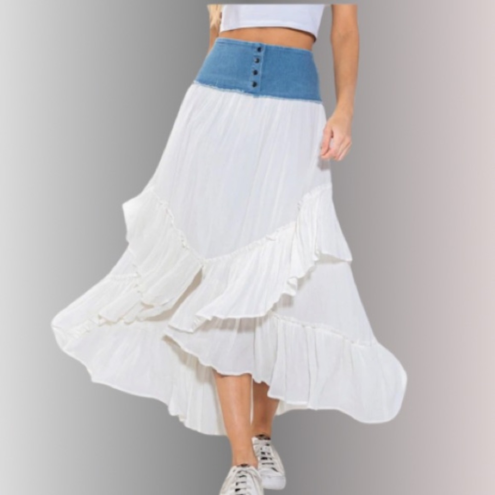 Flowy Boho Chic Gauze Maxi Skirt With Denim Contrast